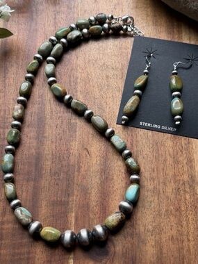 Sterling Silver Green Turquoise Nuggets Pearls Bead Necklace Earrings Set